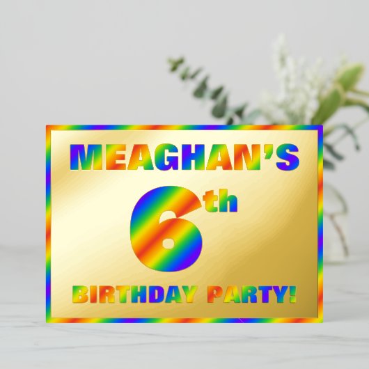 6th Birthday Party —おもしろい, Rainbow Spectrum "6" 箔招待状 (立ち正面)
