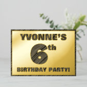 6th Birthday Party — はっきりしたWood Grainフェイク文字 箔招待状 (立ち正面)