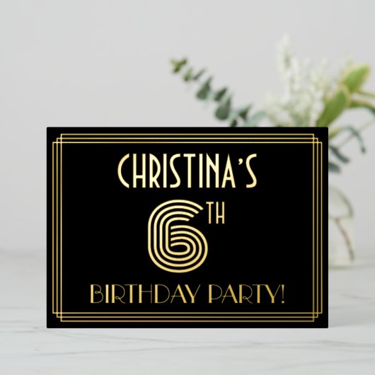 6th Birthday Party —アールデコスタイル「6」 +名前 箔招待状 (立ち正面)