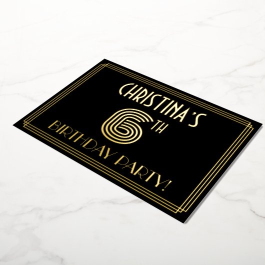 6th Birthday Party —アールデコスタイル「6」 +名前 箔招待状 (回転した状態)