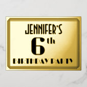 6th Birthday Party:アールデコ「6」と名前 箔招待状 (正面)