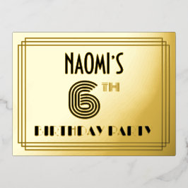 6th Birthday Party ~ Art Deco Style “6” + Name 箔招待状ポストカード