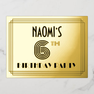 6th Birthday Party ~ Art Deco Style “6” + Name 箔招待状ポストカード