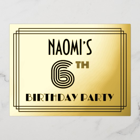 6th Birthday Party ~ Art Deco Style “6” + Name 箔招待状ポストカード (正面)