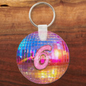 6th Birthday Party Gold Pink Glitter Disco Ball キーホルダー (正面)