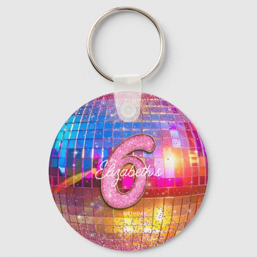 6th Birthday Party Gold Pink Glitter Disco Ball キーホルダー (裏面)