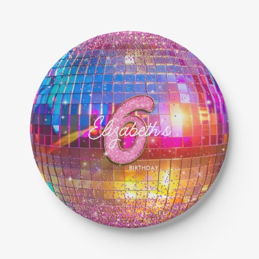 6th Birthday Party Gold Pink Glitter Disco Ball ペーパープレート (正面)