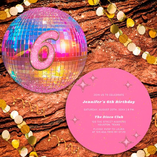6th Birthday Party Gold Pink Glitter Disco Ball 招待状