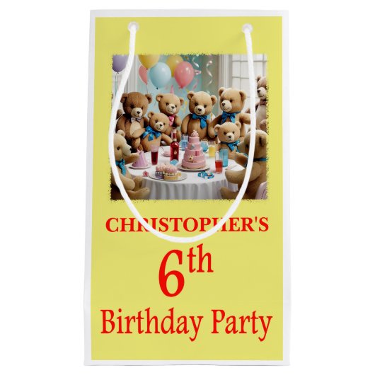 6th Birthday Party Teddy Bearsパーティー スモールペーパーバッグ (正面)