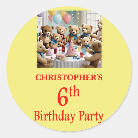 6th Birthday Party Teddy Bearsパーティー ラウンドシール (正面)