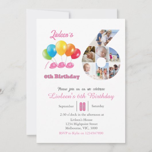 6th birthday photo collage number 6女の子 招待状 (正面)