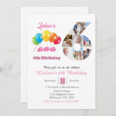 6th birthday photo collage number 6女の子 招待状 (正面/裏面)