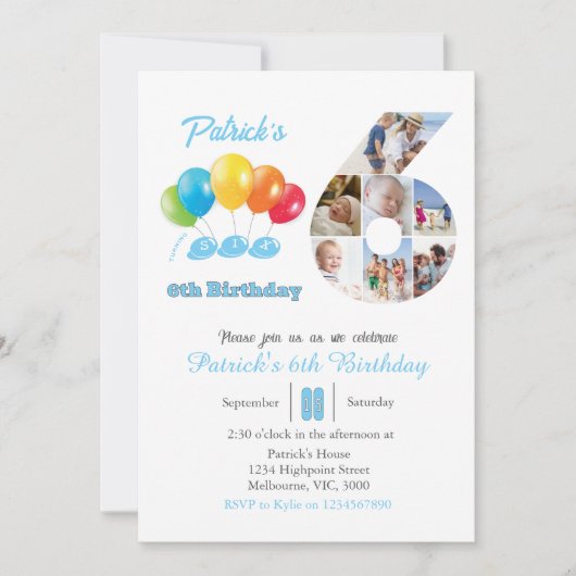 6th birthday photo collage number 6 Boy 招待状 (正面)