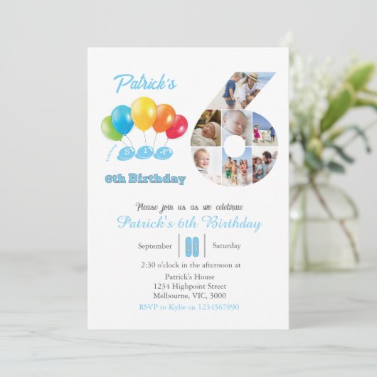 6th birthday photo collage number 6 Boy 招待状 (スタンド正面)