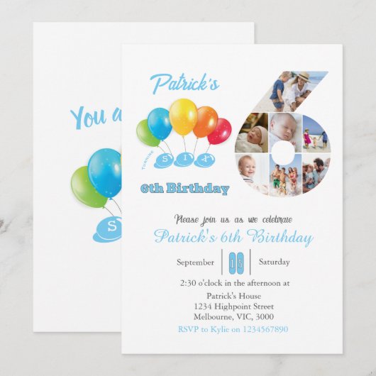 6th birthday photo collage number 6 Boy 招待状 (正面/裏面)