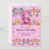 6th Birthday Pink Butterfly 招待状 (正面)