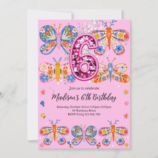 6th Birthday Pink Butterfly 招待状 (正面)