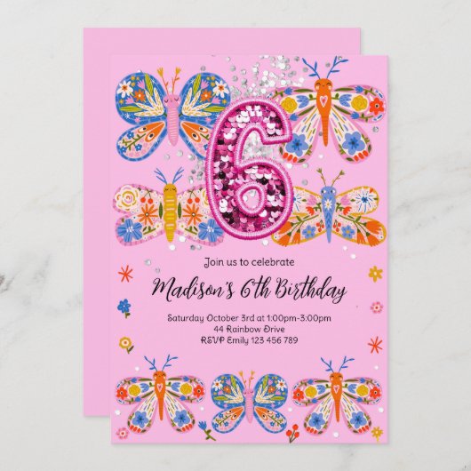 6th Birthday Pink Butterfly 招待状 (正面/裏面)