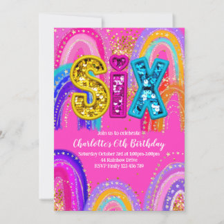 6th Birthday Rainbow Hot Pink Party Invitation 招待状