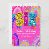 6th Birthday Rainbow Hot Pink Party Invitation 招待状 (正面)