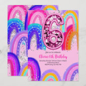 6th Birthday Rainbow Pink Party 招待状 (正面/裏面)