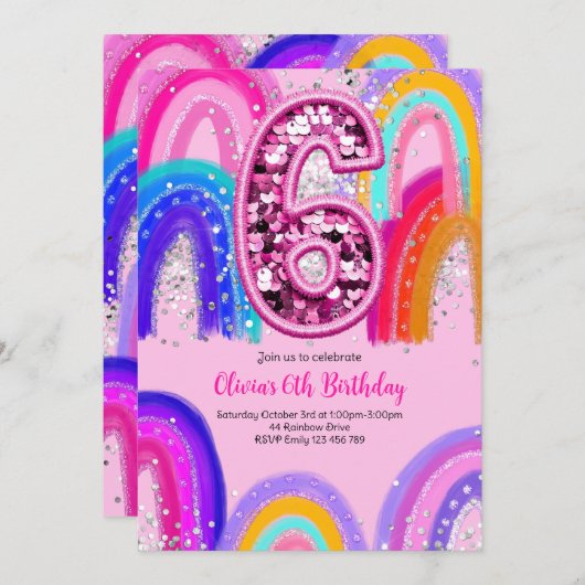 6th Birthday Rainbow Pink Party 招待状 (正面/裏面)