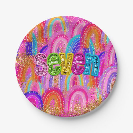 6th Birthday Rainbow Sequin ペーパープレート (正面)