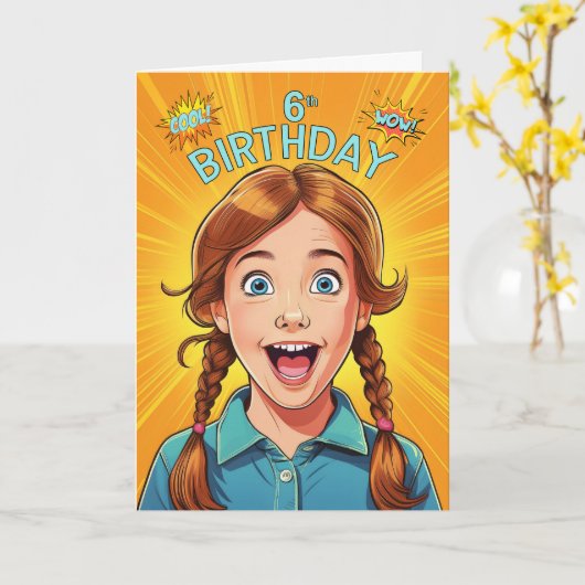 6th Birthday Red Head Girl Pop Art Style カード (黄色い花)