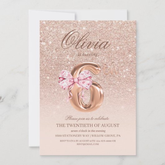 6th Birthday Rose Pink Gold  Bow Birthday Party  招待状 (正面)