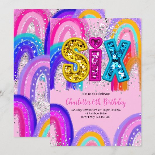 6th Birthday Sequin Rainbow Party Invitation 招待状 (正面/裏面)