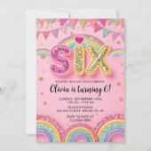 6th Pink Birthday Invitation Girl, 6th Pink Rainbo 招待状 (正面)