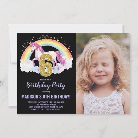 6th Rainbow Unicorn誕生日招待状写真 招待状 (正面)