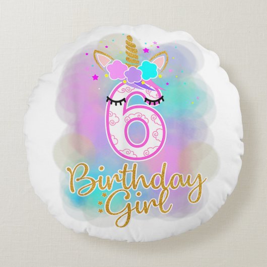6th Unicorn誕生日女の子6歳のパーティープレゼント ラウンドクッション (正面)