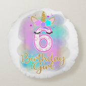 6th Unicorn誕生日女の子6歳のパーティープレゼント ラウンドクッション (裏面)