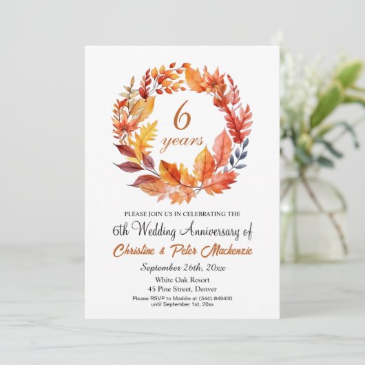6th Wedding Anniversary Fall Floral Garland 招待状 (スタンド正面)