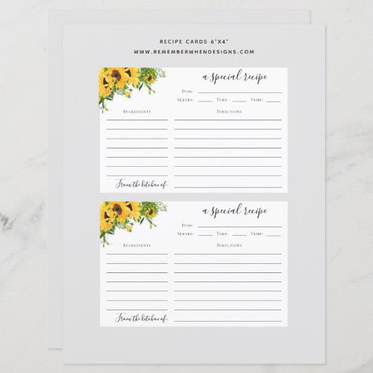 6x4ひまわりブライダルシャワーレシピカード (正面/裏面)