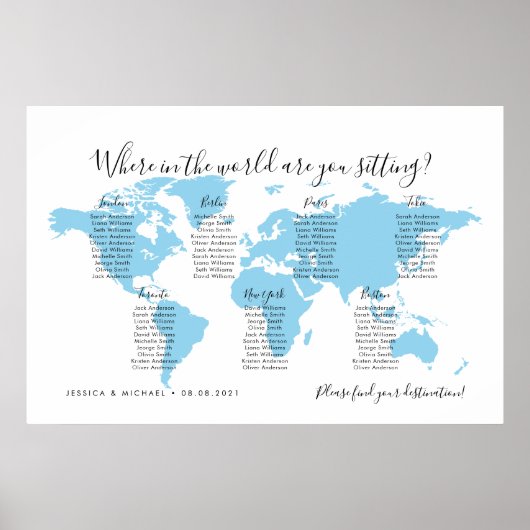 7つの表の宛先ワールドマップの座席表 ポスター (正面)