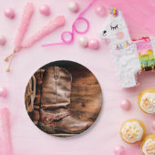 7インチラウンド紙プレートカウボーイブーツバーンウッド素朴 ペーパープレート (パーティー)