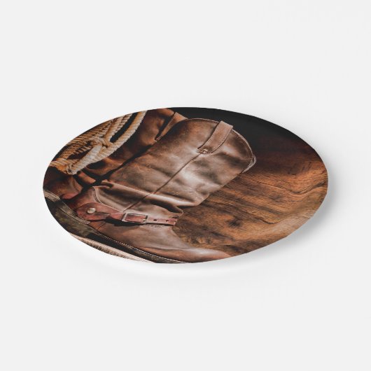 7インチラウンド紙プレートカウボーイブーツバーンウッド素朴 ペーパープレート (アングル)
