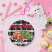 7インチラウンド紙プレートクリスマストラックバッファロープレイドブラック ペーパープレート (パーティー)