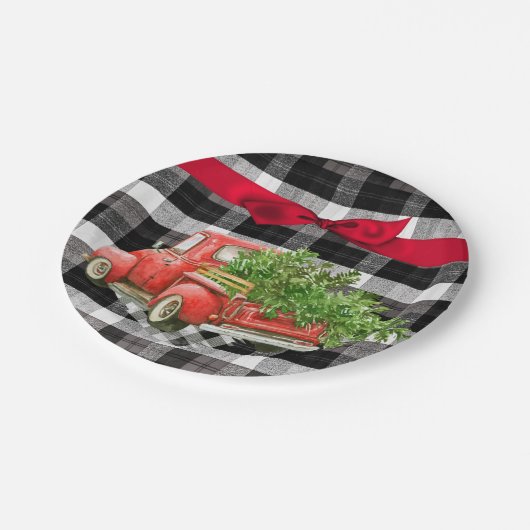 7インチラウンド紙プレートクリスマストラックバッファロープレイドブラック ペーパープレート (アングル)