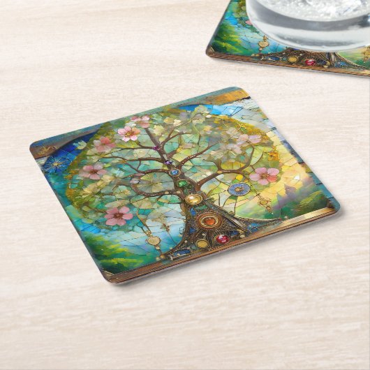 7チャクラの花の木 スクエアペーパーコースター (アングル)