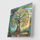 7チャクラの花の木 スクエア壁時計 (傾斜)