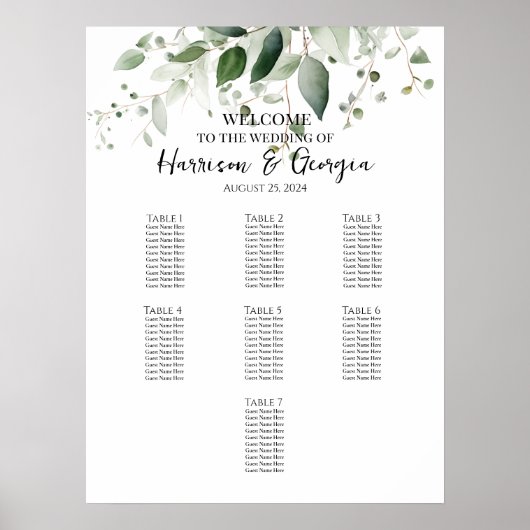 7テーブル緑のエレガントな結婚式のシーティングチャート ポスター (正面)