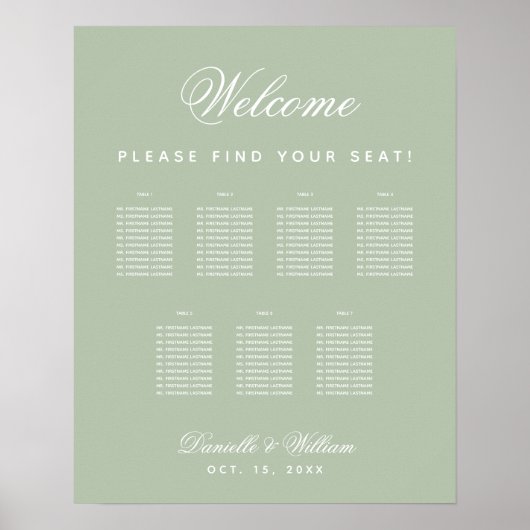 7テーブルSage Greenシンプル結婚の座席表 ポスター (正面)