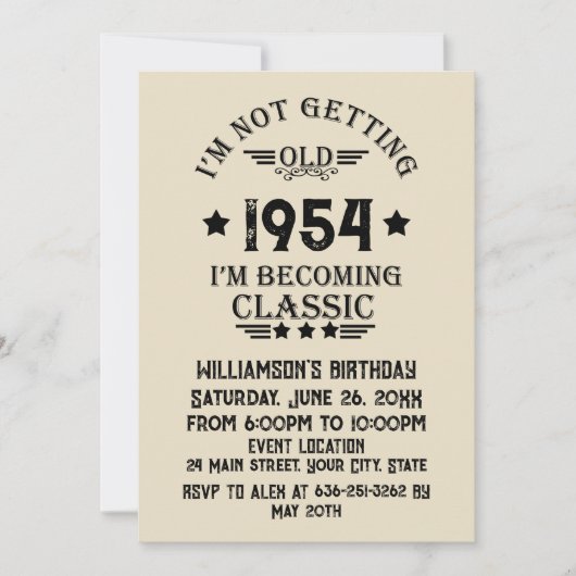 7パーソナライズされたヴィンテージ70歳の誕生日パーティー 招待状 (正面)