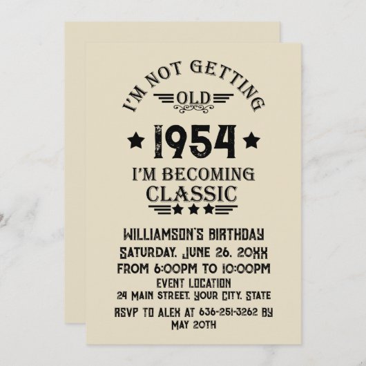 7パーソナライズされたヴィンテージ70歳の誕生日パーティー 招待状 (正面/裏面)