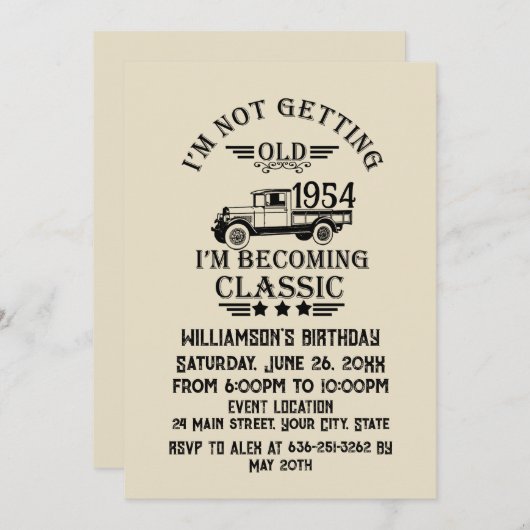 7パーソナライズされたヴィンテージ70歳の誕生日パーティー 招待状 (正面/裏面)