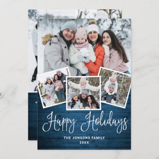 7フォトクリスマスブルー素朴ウッドの挨拶 シーズンカード (正面/裏面)