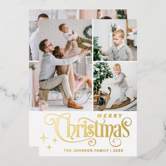 7フォトスパークルメリークリスマスグリーティング金ゴールド 箔シーズンカード (正面/裏面)